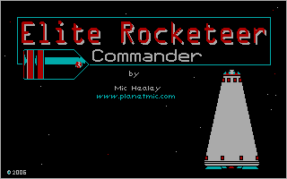 Elite Rocketeer Commander, a space adventure, exploration, trade, game by Mic Healey. - Spash screen shown.